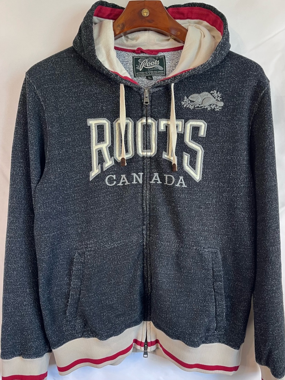 Roots Canada Full Zip Hoodie Men’s Large Salt Pepper Applique Logo Beaver Jacket